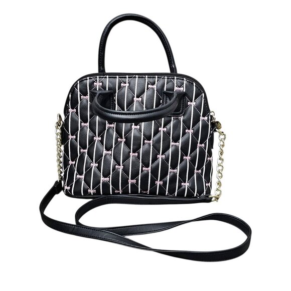 Betsey Johnson Quilted Embroidered Bows Dome Black and Pink Crossbody Bag - Picture 2 of 10